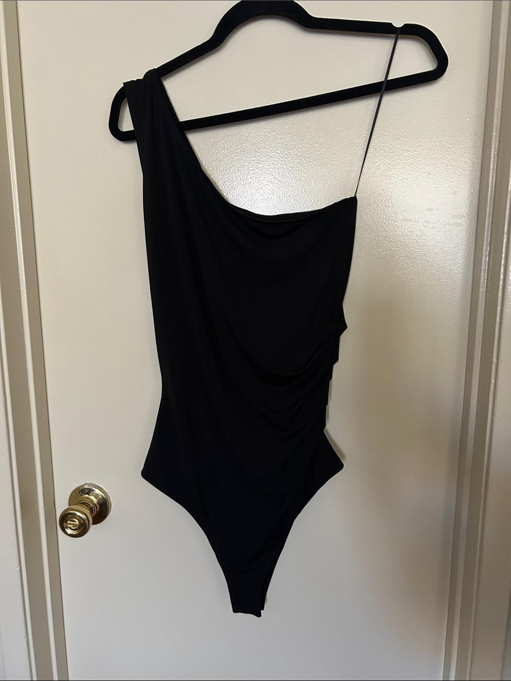 Aqua Black One-Shoulder Draped Bodysuit with Thin Strap